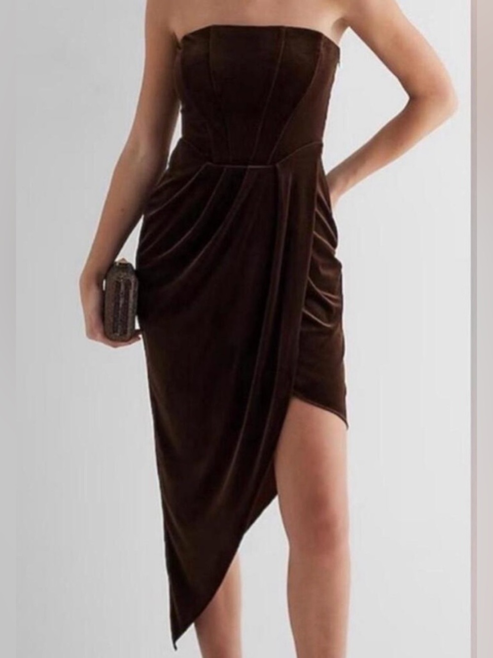 Express Brown Velvet Strapless Asymmetrical Dress! Medium NWT! Must See!